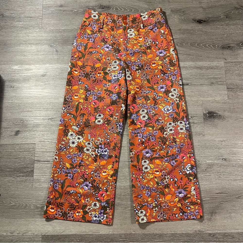 Anthropologie Wide Leg Floral Pants in Orange with Purple & White Accents